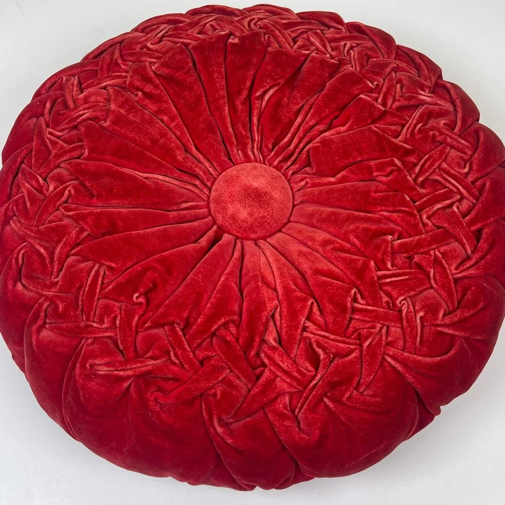 Round Smocked Velvet Decorative Throw Pillow Red Mid-Century Modern Accent